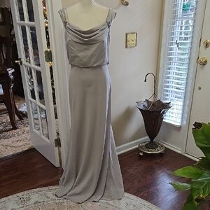 Jenny Yoo Elegant Gray Evening Gown fully lined built-in bra drape neck 10 EUC …